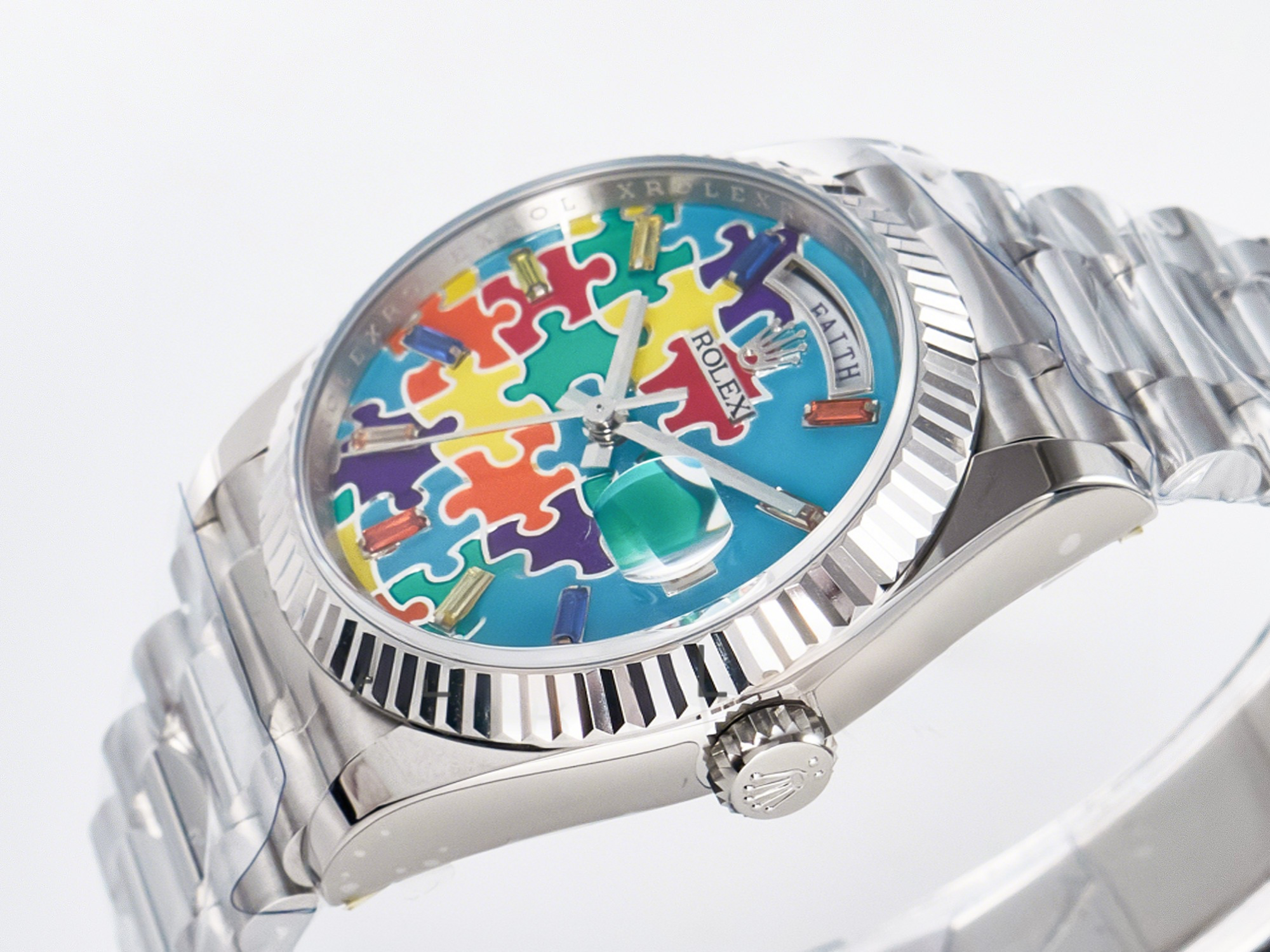 Rolex Daydate 128239 36mm Colour Jigsaw Puzzle SS QHF Best Edition Turquoise Blue Dial on SS President Bracelet A2834-fasswatch