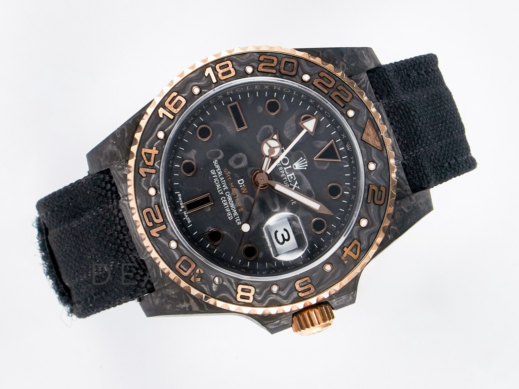 Rolex GMT Carbon DIWF Best Edition Black Carbon Dial RG Markers on Black Nylon Strap SA3186 CHS-fasswatch