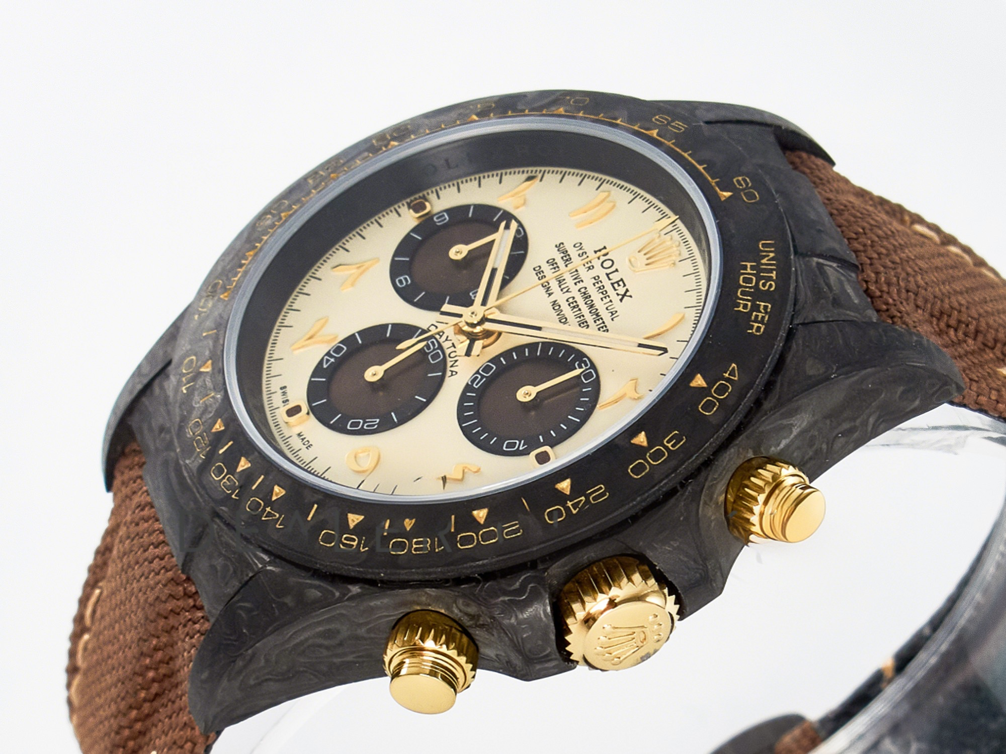 Rolex Daytona DIW Carbon Case and Bezel DIWF Edition Yellow Arabic Dial on Brown Nylon Strap A7750-fasswatch