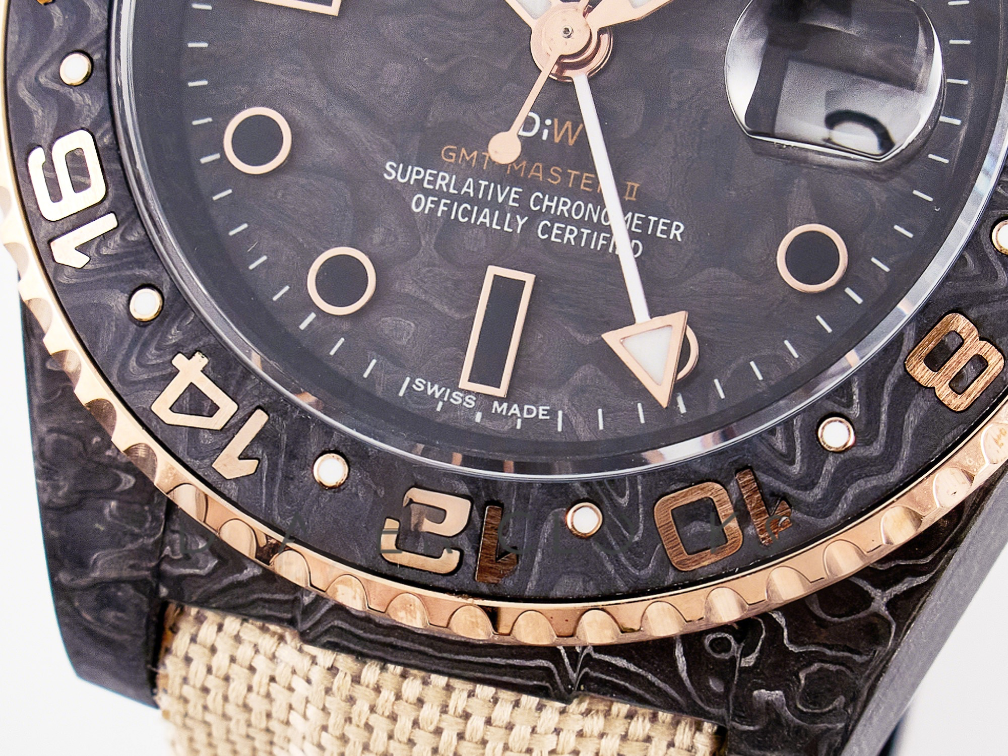 Rolex GMT Carbon DIWF Best Edition Black Carbon Dial RG Markers on Beige Nylon Strap SA3186 CHS-fasswatch