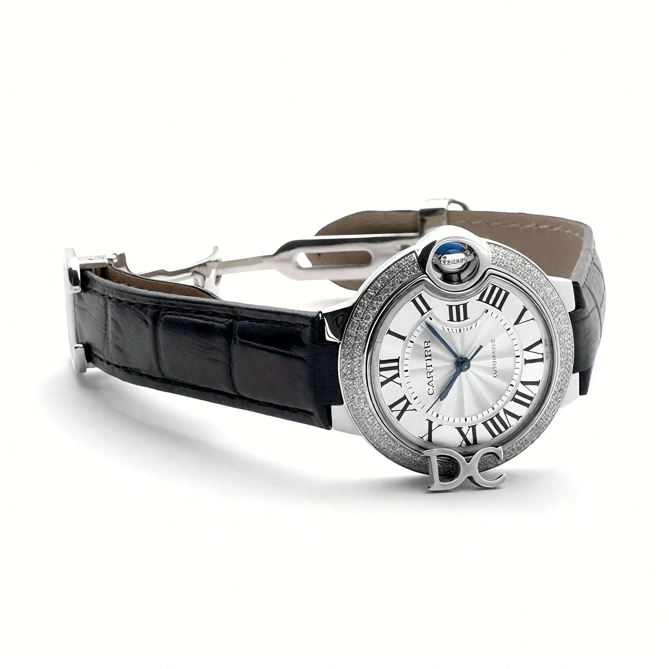 Cartier Ballon Bleu De Cartier 36mm Silver Dial with Diamond Bezel in Steel on Black Leather Strap-fasswatch