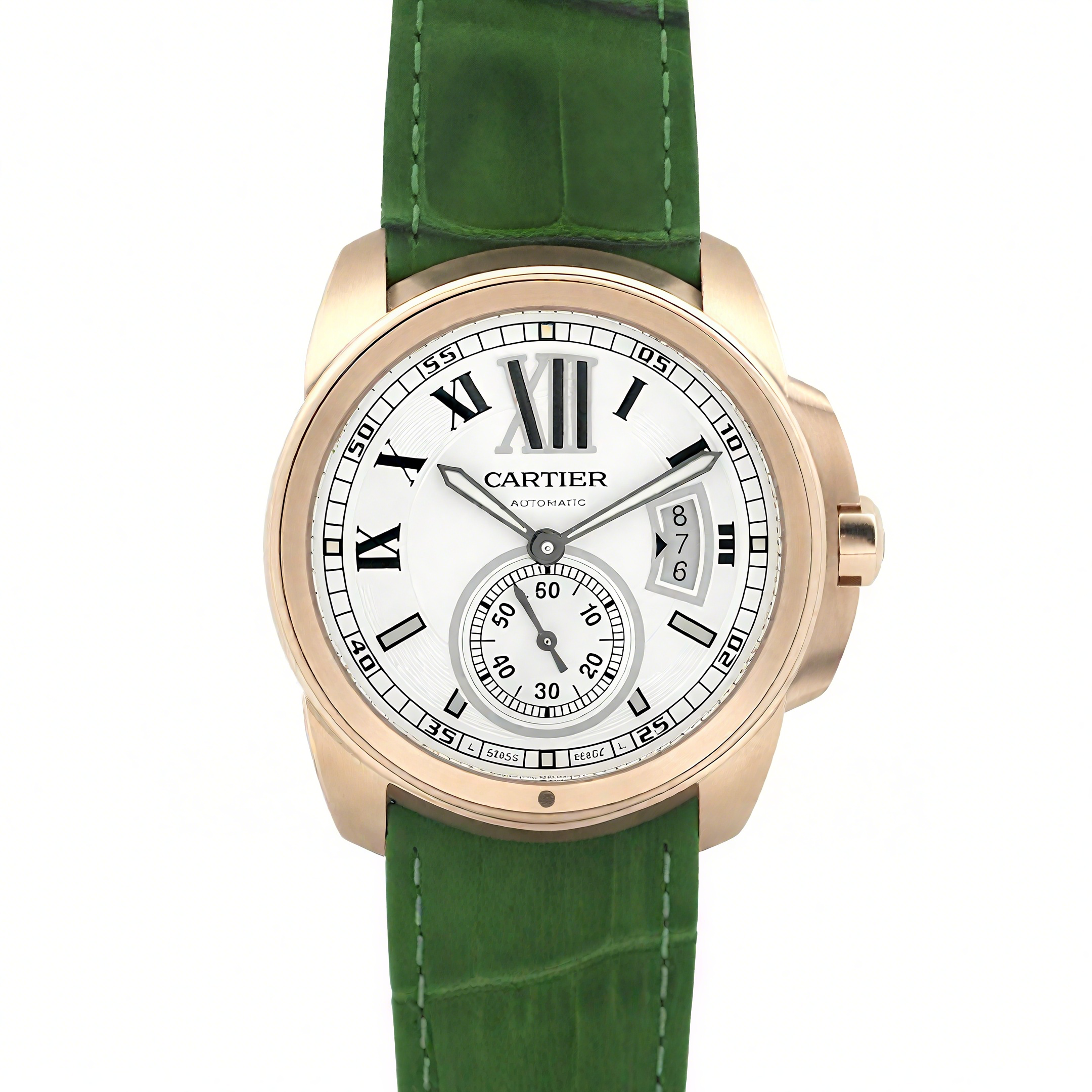 Calibre de Cartier White Dial in Rose Gold on Green Leather Strap-fasswatch