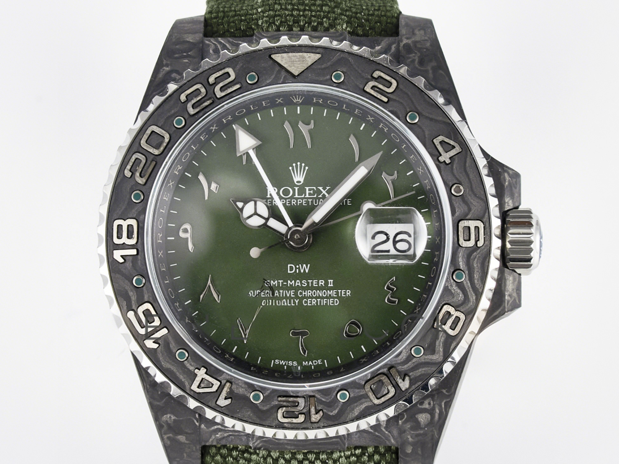 Rolex GMT Carbon DIWF Best Edition Green Arabic Dial on Green Nylon Strap SA3186 CHS-fasswatch