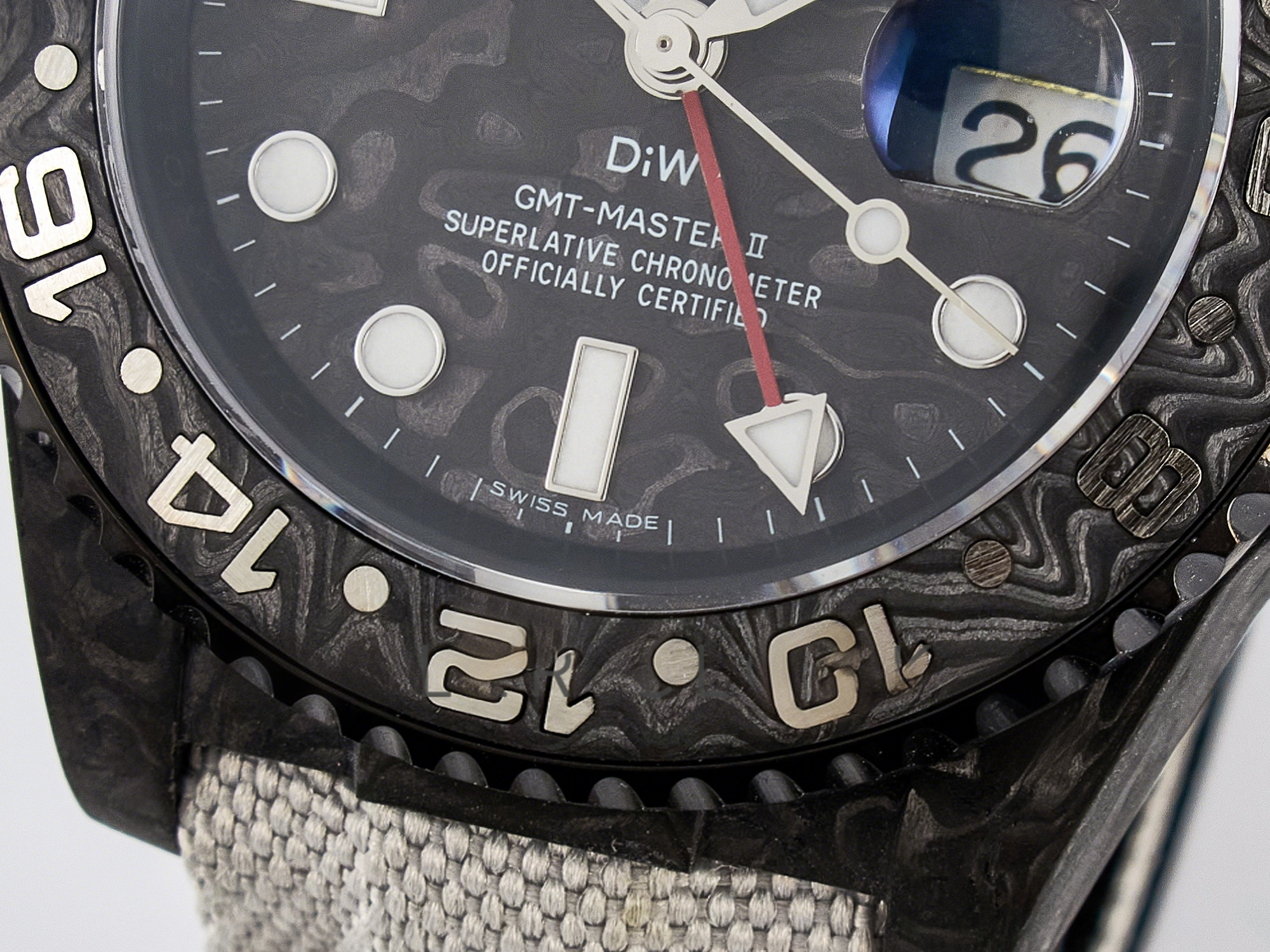 Rolex GMT Carbon DIWF Best Edition Black Carbon Dial SS Markers on White Nylon Strap SA3285 CHS V2-fasswatch