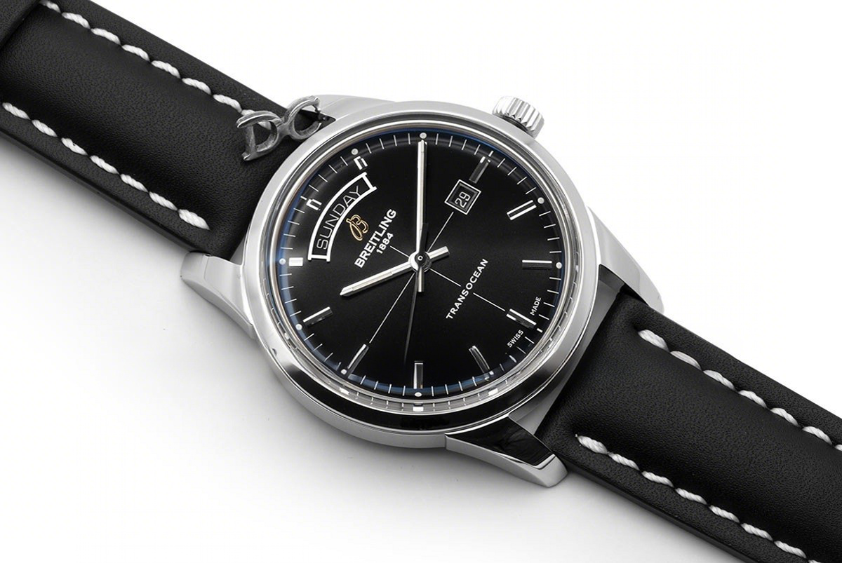 Breitling Transoccean Day & Date Black Dial in Steel on Leather Strap-fasswatch