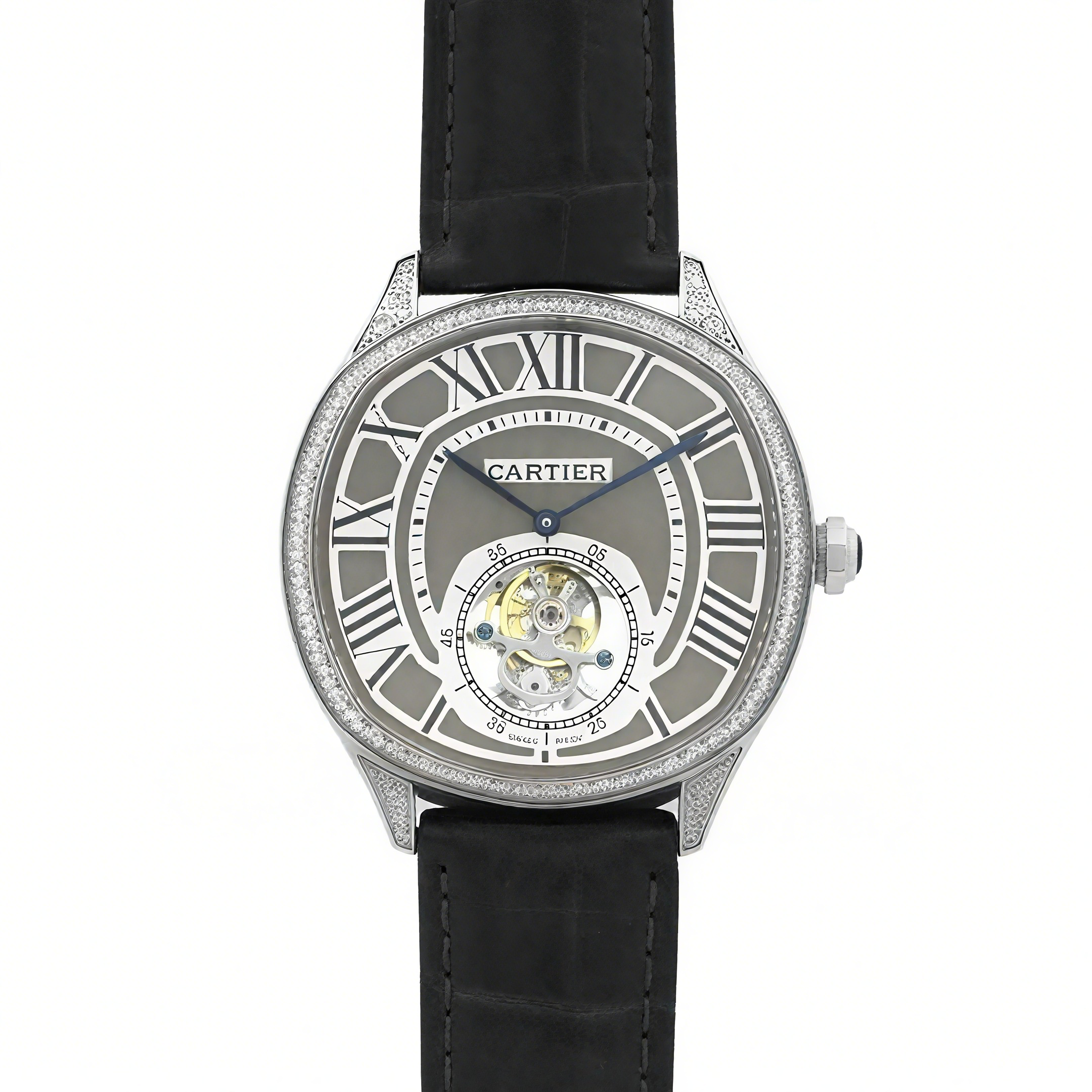 Cartier Drive de Cartier Tourbillon Grey Dial with Diamond Bezel in White Gold on Black Leather Strap-fasswatch