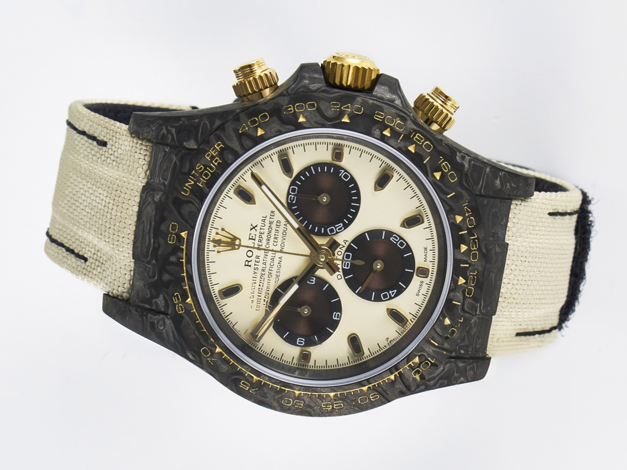 Rolex Daytona DIW Carbon Case DIWF Edition Cream/Brown Dial on White Nylon Strap A7750-fasswatch