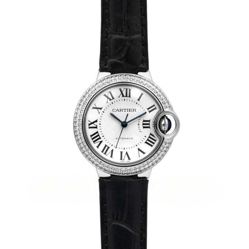 Cartier Ballon Bleu De Cartier 36mm White Dial with Diamond Bezel in Steel on Black Leather Strap-fasswatch