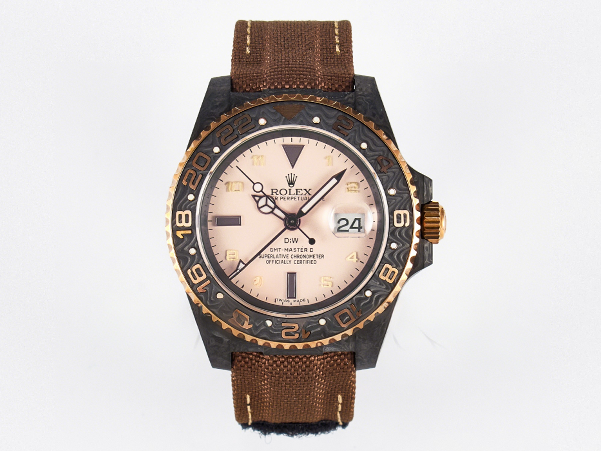 Rolex GMT Carbon DIWF Best Edition Yellow Roman Dial on Brown Nylon Strap SA3285 CHS V2-fasswatch