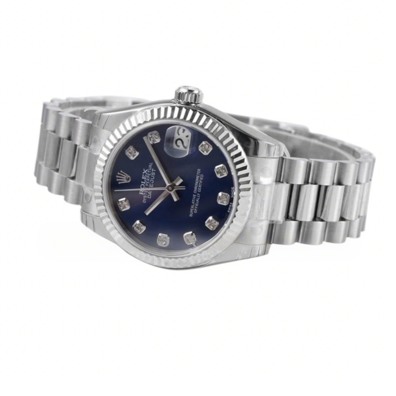 Rolex Datejust 31 Blue Dial Diamond Markers in Steel on President Bracelet-fasswatch