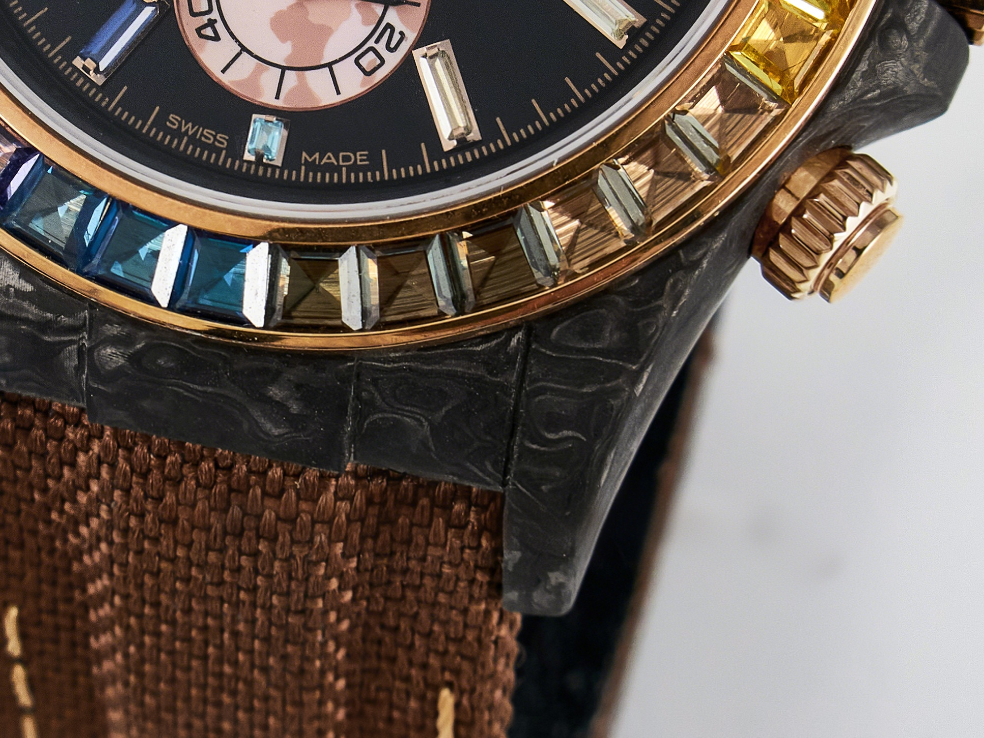 Rolex Daytona DIW Carbon Case DIWF Edition Black Dial Rainbow Diamonds Bezel on Brown Nylon Strap A7750-fasswatch