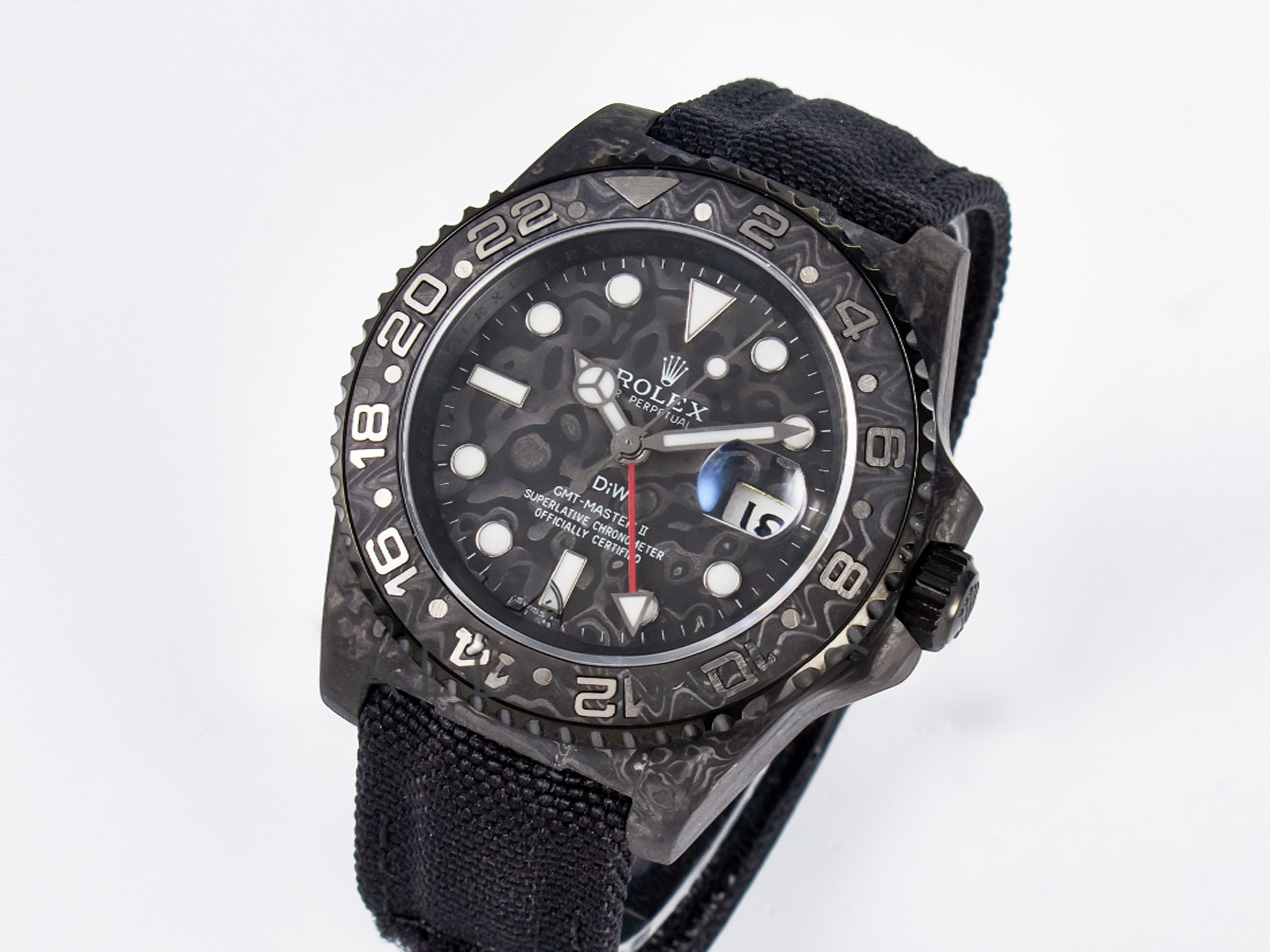 Rolex GMT Carbon DIWF Best Edition Black Carbon Dial SS Markers on Black Nylon Strap SA3285 CHS V2-fasswatch