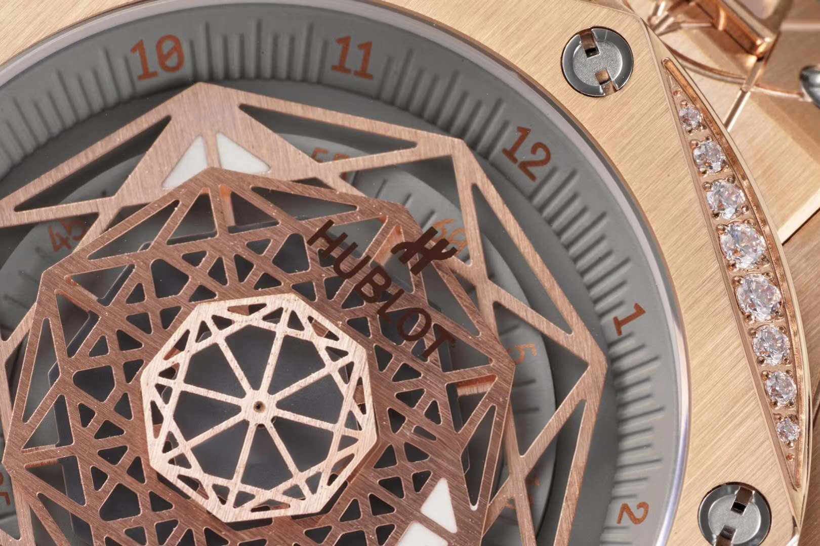 Hublot Big Bang Unico Sang Bleu in Rose Gold with Diamond Bezel on Brown Leather Strap-fasswatch