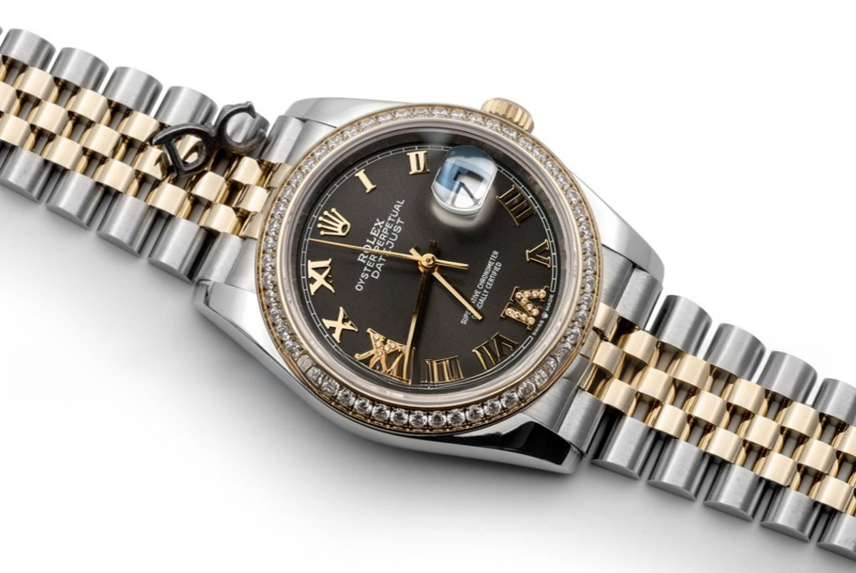 Rolex Datejust 36 126283RBR Dark Rhodium Dial in Yellow Gold and Steel with Diamond Set Bezel and Diamond Roman Numerals Markers-fasswatch