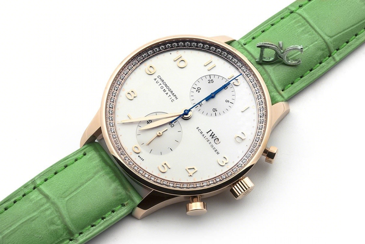 IWC Portugieser Chronograph Automatic White Dial in Rose Gold on Green Leather Strap-fasswatch