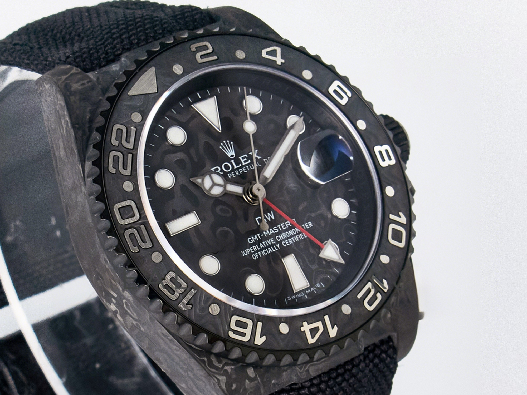 Rolex GMT Carbon DIWF Best Edition Black Carbon Dial SS Markers on Black Nylon Strap SA3285 CHS V2-fasswatch