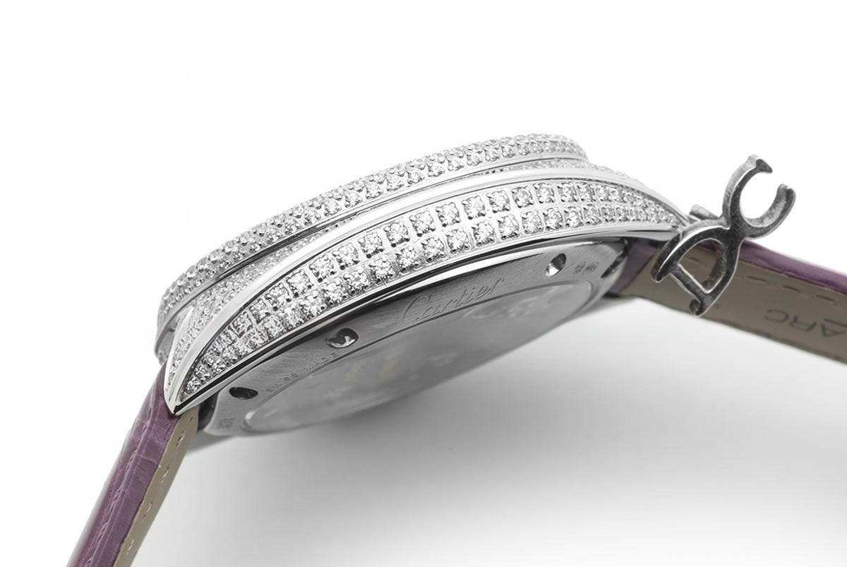 Cle de Cartier Tourbillon with Diamond Bezel in White Gold 35mm on Purple Leather Strap-fasswatch