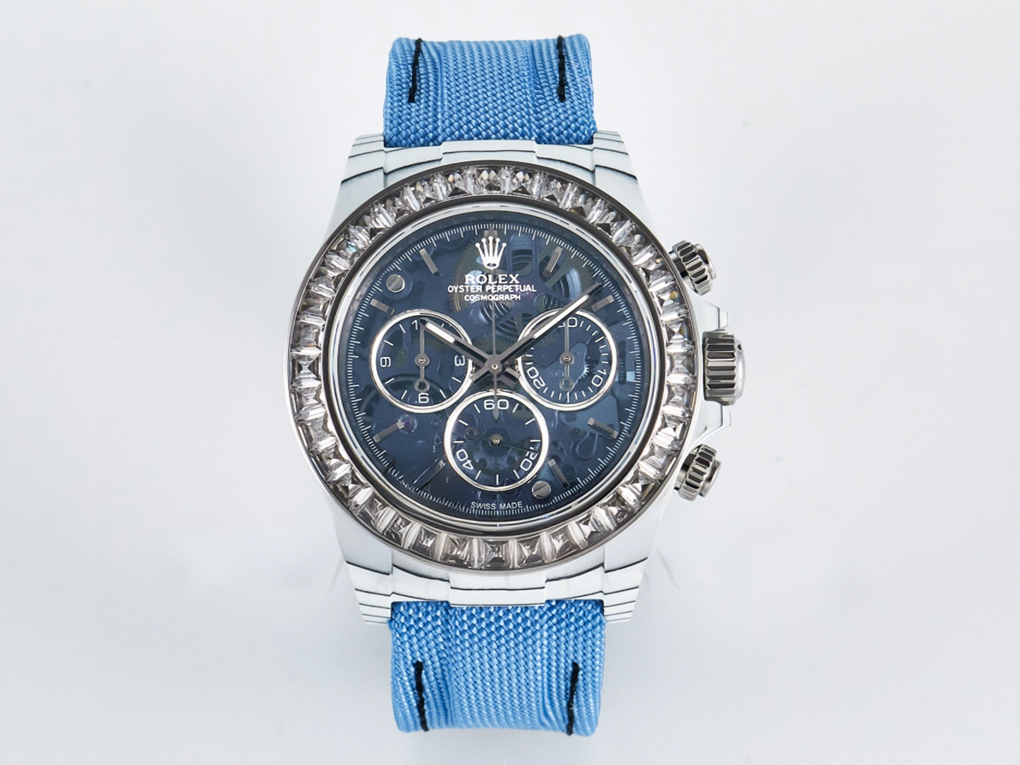 Rolex Daytona ZIF REMOULD White Carbon GETF Best Edition Blue Skeleton Dial Diamonds Bezel on Blue Nylon Strap DD4802-fasswatch