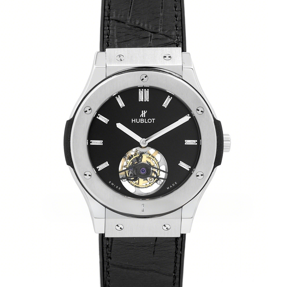 Hublot Classic Fusion Tourbillon 45mm Black Dial in Steel on Black Leather Strap-fasswatch