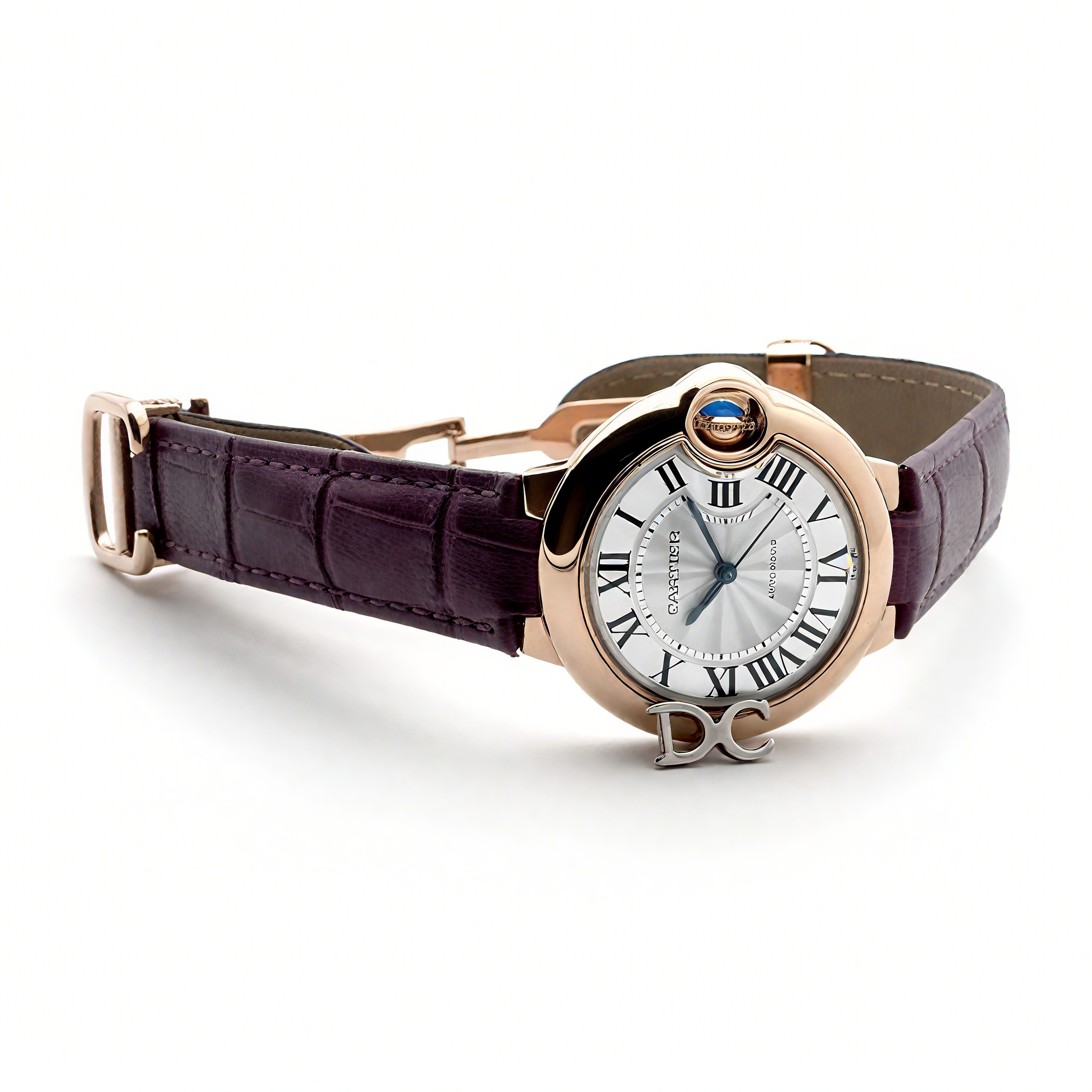 Cartier Ballon Bleu De Cartier 36mm Silver Dial in Pink Gold on Purple Leather Strap-fasswatch