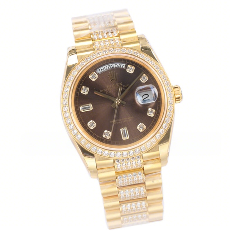 Rolex Day-Date 36 128348RBR Brown Dial with Diamond Bezel in Yellow Gold-fasswatch