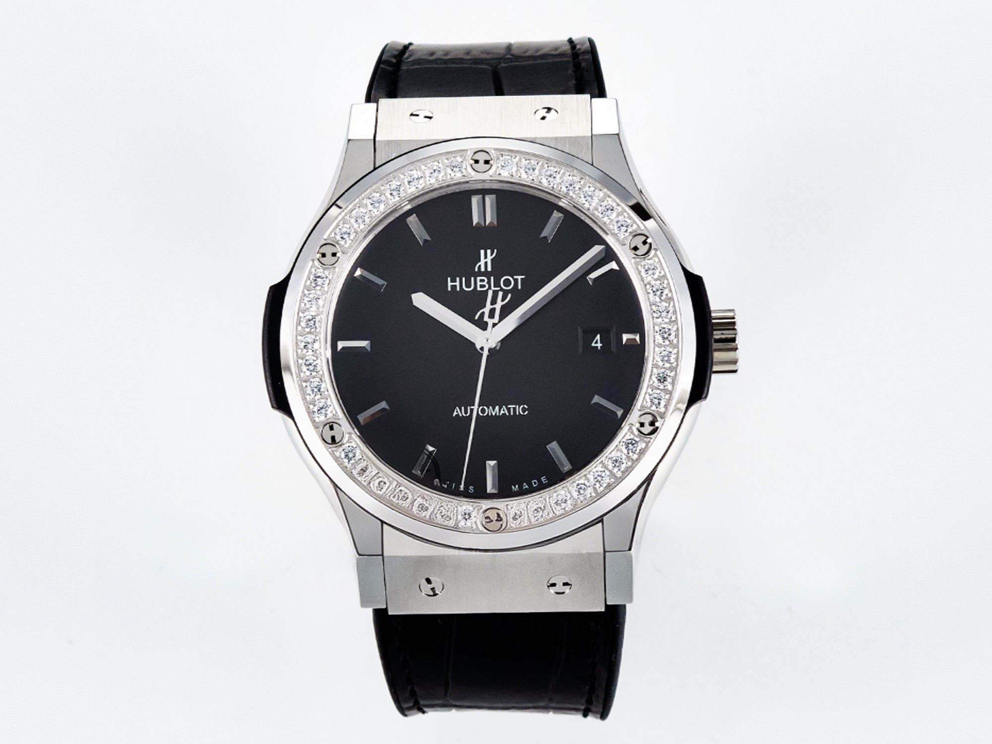 Hublot Classic Fusion Bang 42mm HBF 1:1 Best Edition Black Dial Diamonds Bezel on Black Leather Strap A2892-fasswatch