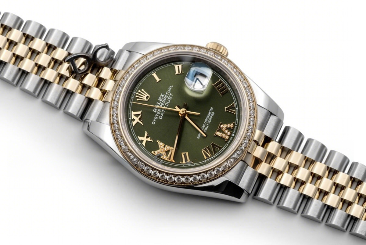 Rolex Datejust 36 126283RBR Olive Green Dial in Yellow Gold and Steel with Diamond Set Bezel and Diamond Roman Numerals Markers-fasswatch