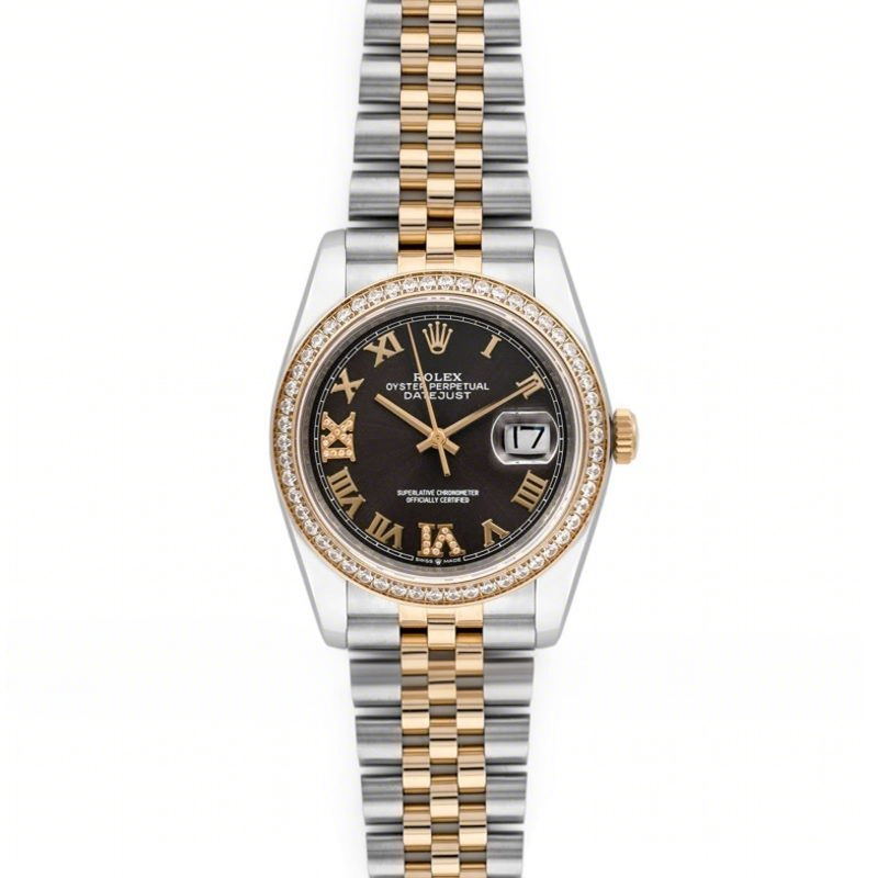 Rolex Datejust 36 126283RBR Dark Rhodium Dial in Yellow Gold and Steel with Diamond Set Bezel and Diamond Roman Numerals Markers-fasswatch