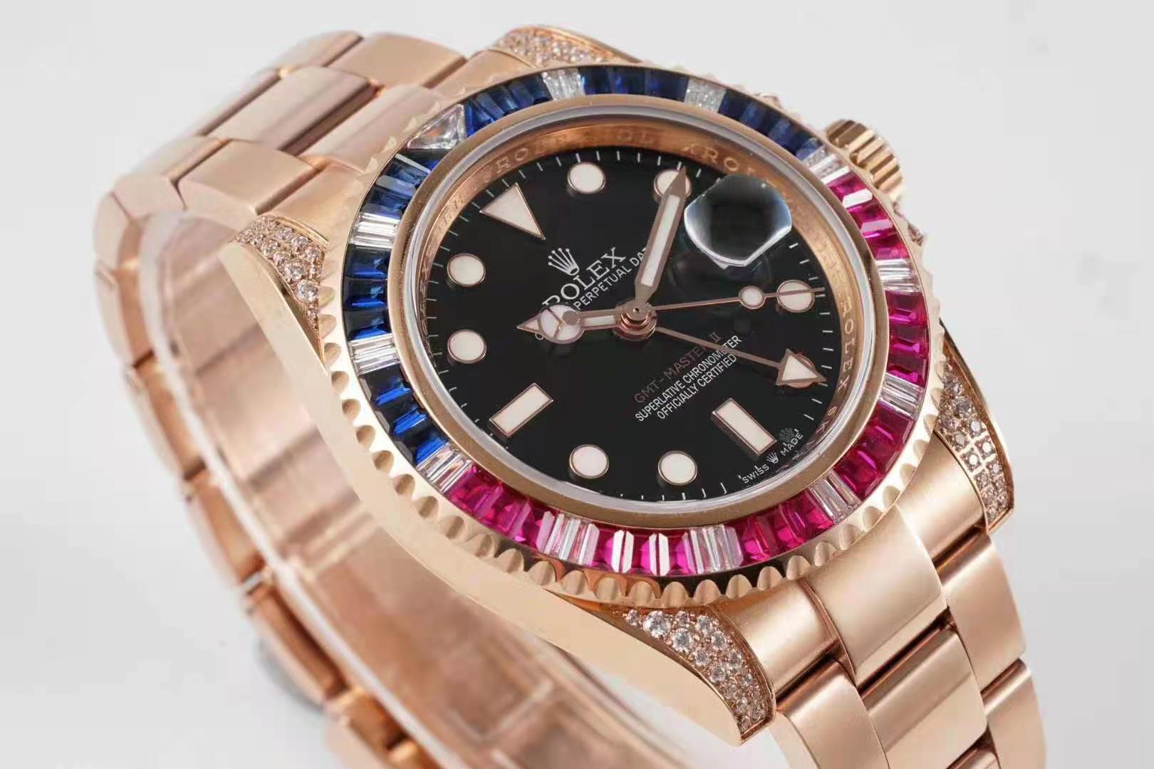 Rolex GMT Master II 116758 BLRO “Pepsi” with Paved Diamond Bezel in Rose Gold-fasswatch