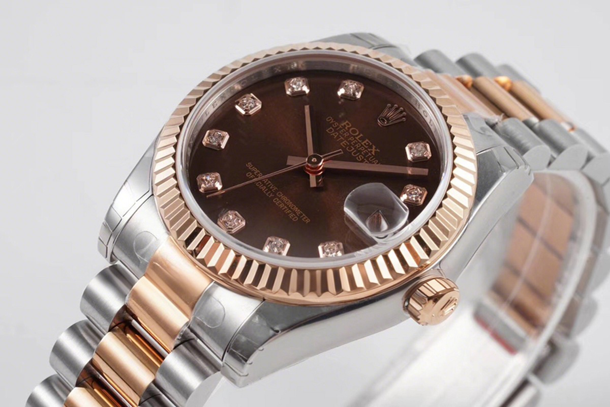 Rolex Datejust 31 Chocolate Dial Diamond Markers in Everose Gold/Steel on President Bracelet-fasswatch