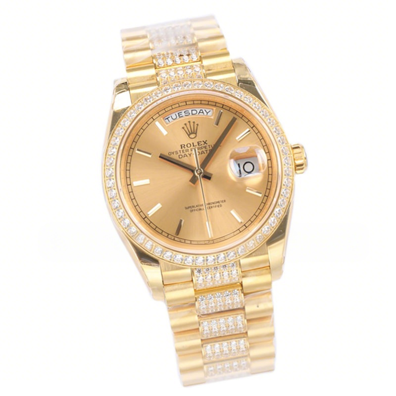 Rolex Day-Date 36 128348RBR Champagne Dial with Diamond Bezel in Yellow Gold-fasswatch