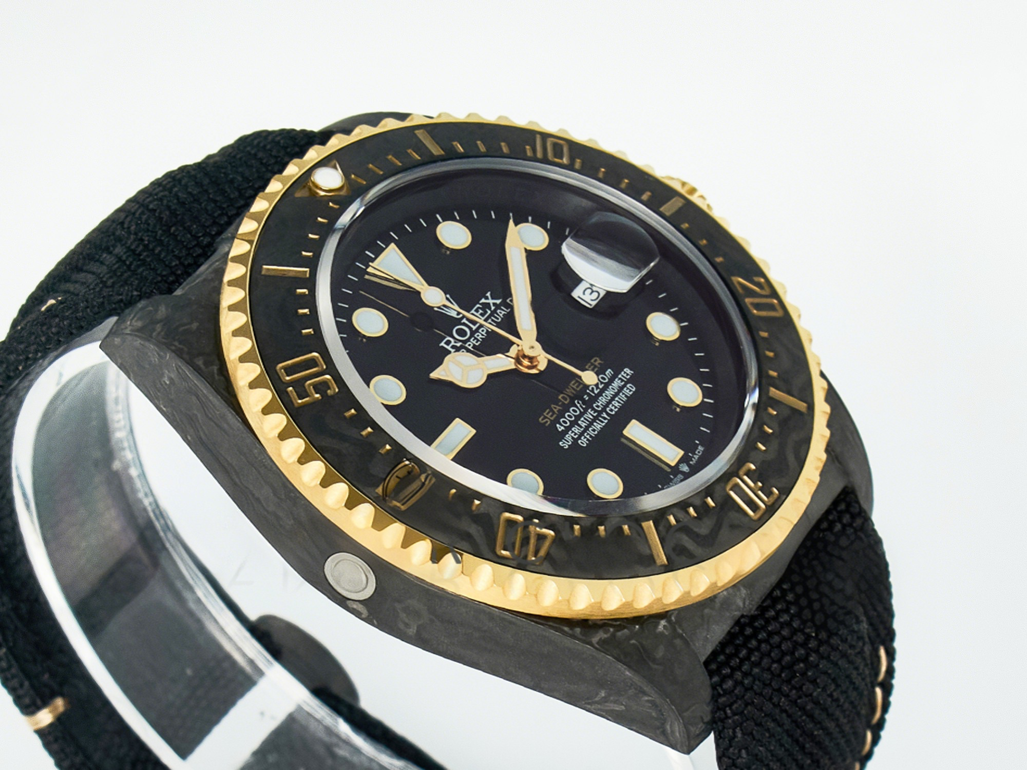 Rolex Sea Dweller 43mm Carbon DIWF Best Edition Black Dial YG Bezel on Black Nylon Strap A2824-fasswatch