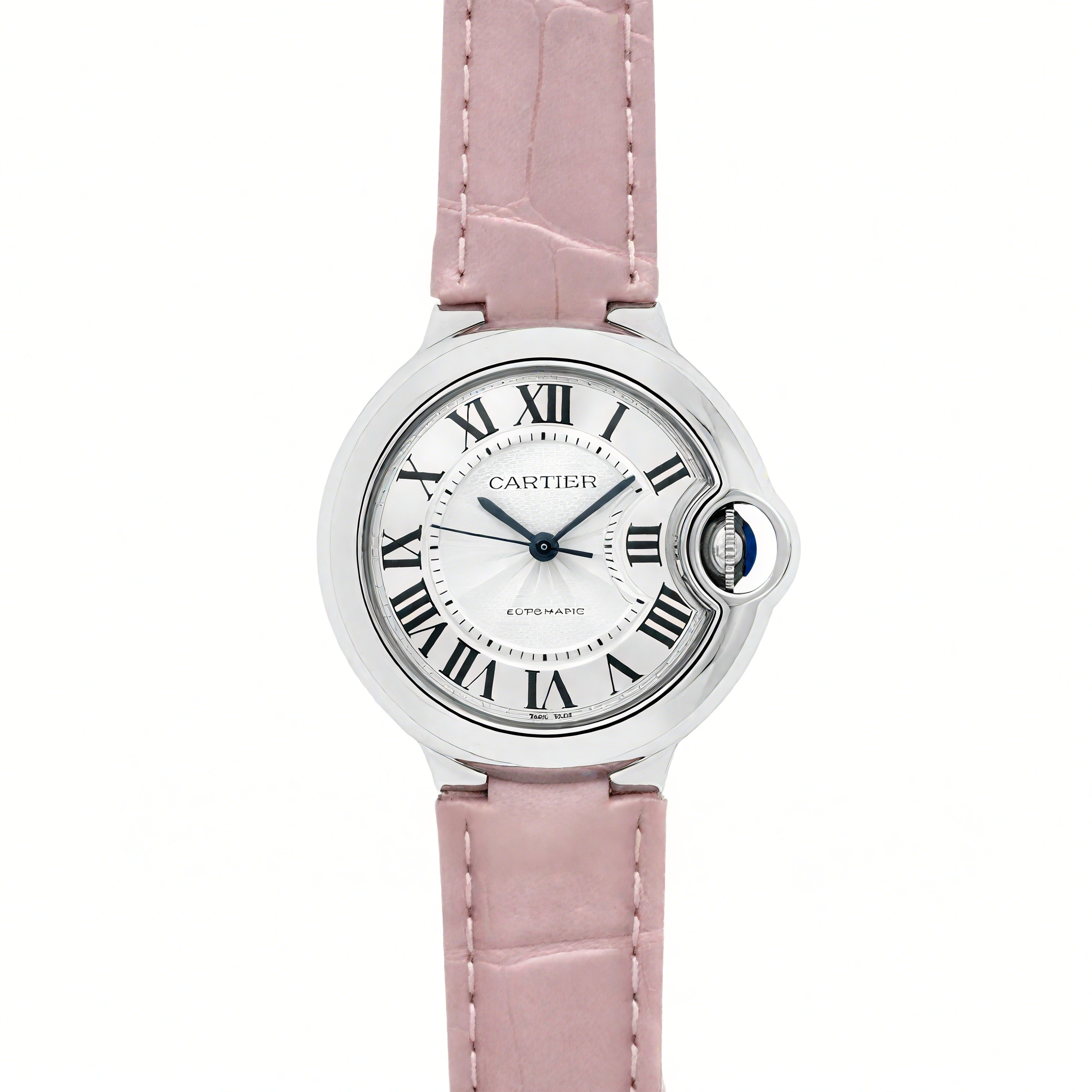 Cartier Ballon Bleu De Cartier 36mm Silver Dial in Steel on Pink Leather Strap-fasswatch