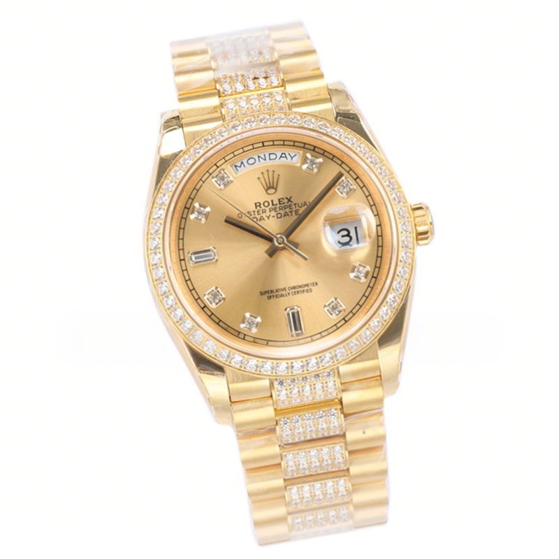 Rolex Day-Date 36 128348RBR Champagne Dial with Diamond Markers and Bezel in Yellow Gold-fasswatch