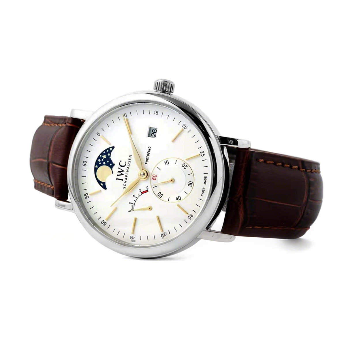IWC Portofino Hand Wound Moon Phrase IW516401 White Dial in Steel-fasswatch