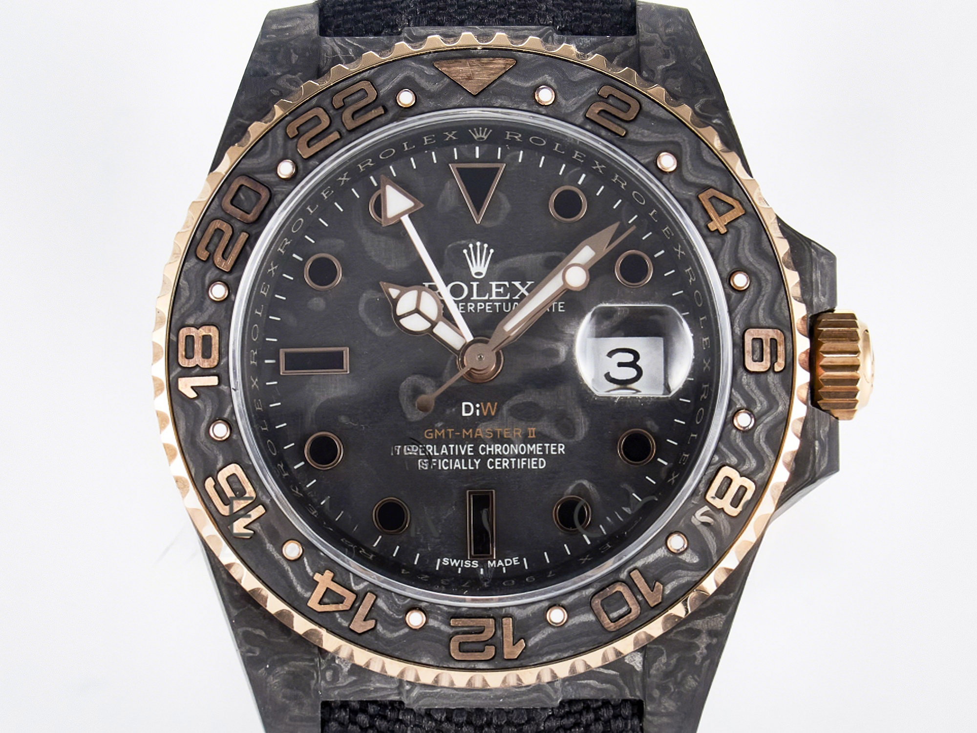 Rolex GMT Carbon DIWF Best Edition Black Carbon Dial RG Markers on Black Nylon Strap SA3186 CHS-fasswatch