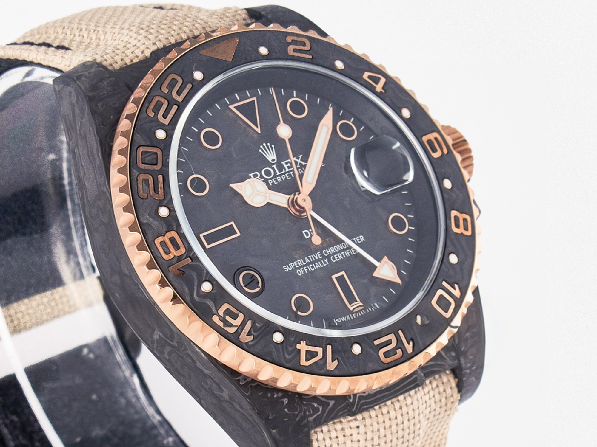 Rolex GMT Carbon DIWF Best Edition Black Carbon Dial RG Markers on Beige Nylon Strap SA3186 CHS-fasswatch