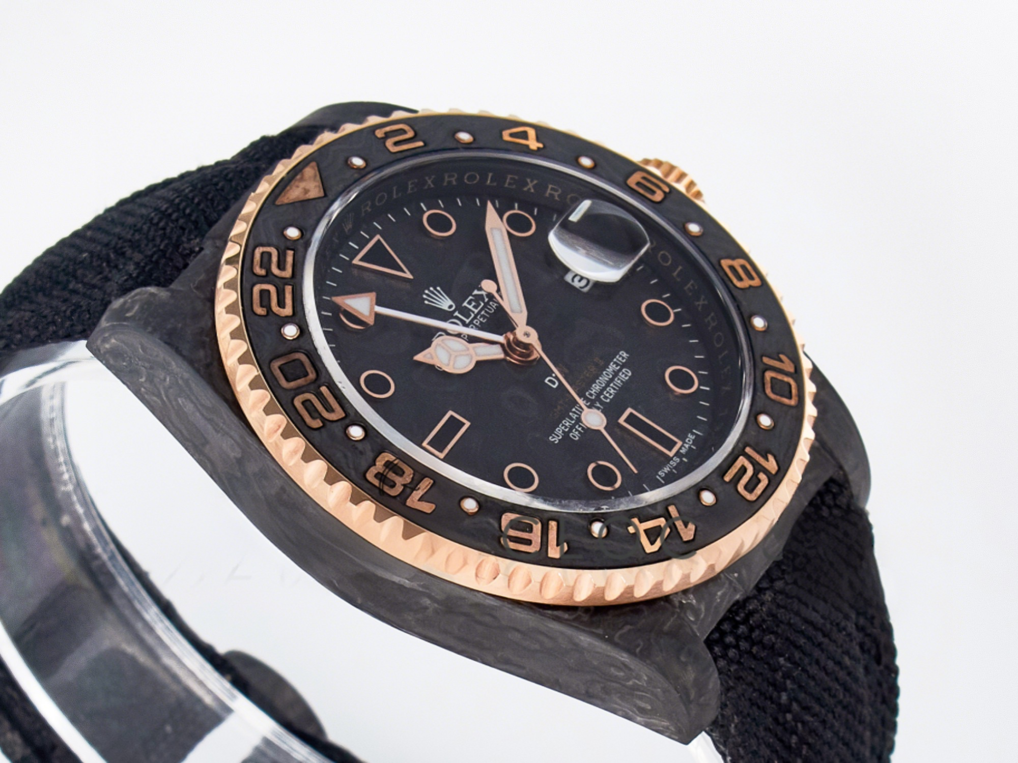 Rolex GMT Carbon DIWF Best Edition Black Carbon Dial RG Markers on Black Nylon Strap SA3186 CHS-fasswatch