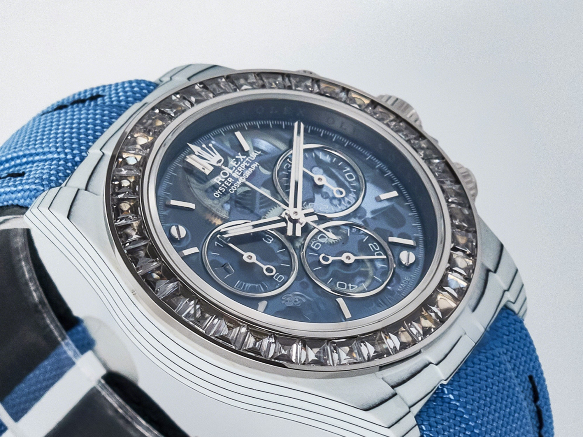 Rolex Daytona ZIF REMOULD White Carbon GETF Best Edition Blue Skeleton Dial Diamonds Bezel on Blue Nylon Strap DD4802-fasswatch