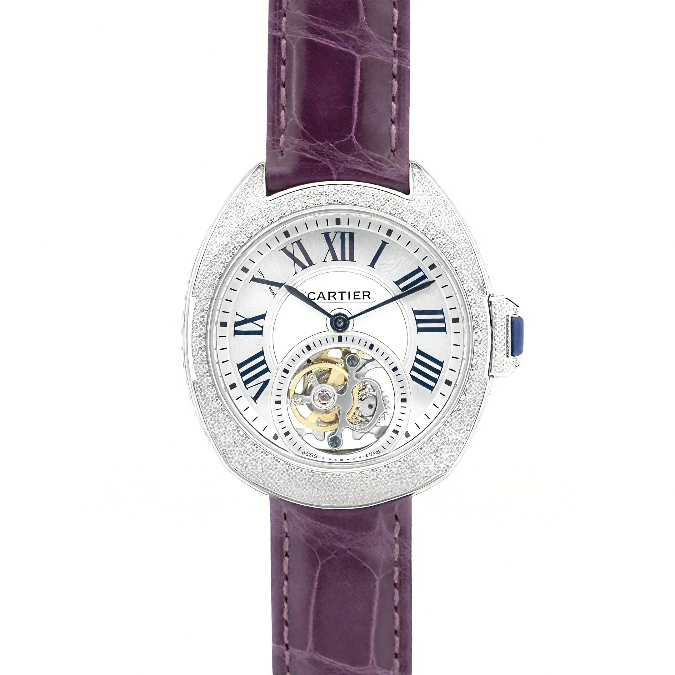 Cle de Cartier Tourbillon with Diamond Bezel in White Gold 35mm on Purple Leather Strap-fasswatch