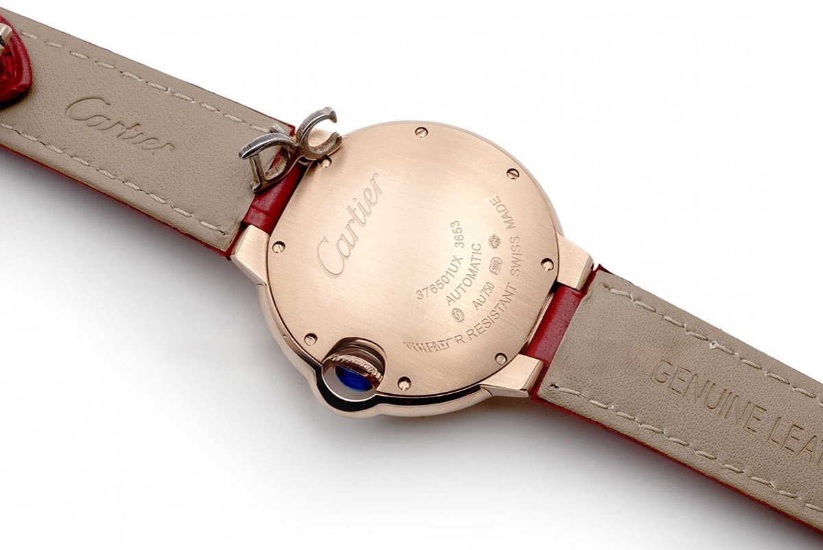 Cartier Ballon Bleu De Cartier 36mm Silver Dial in Pink Gold on Red Leather Strap-fasswatch