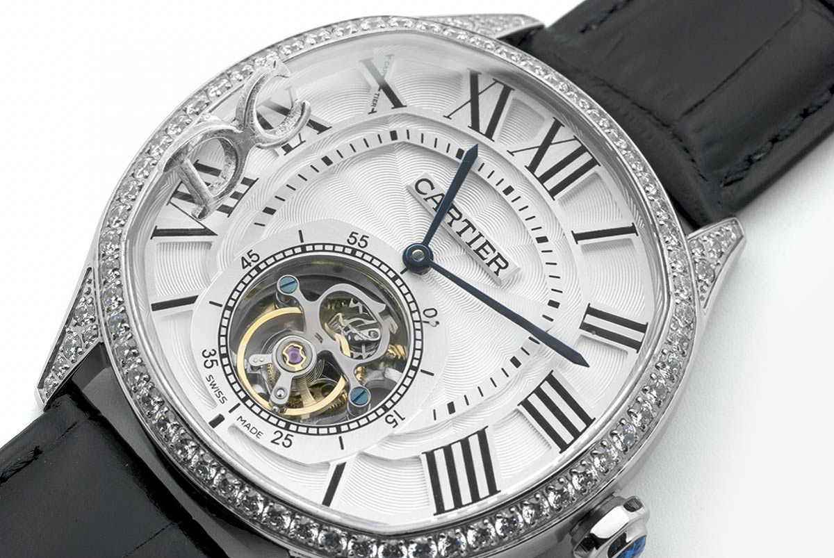 Drive de Cartier Tourbillon White Dial with Diamond Bezel in White Gold on Black Leather Strap-fasswatch