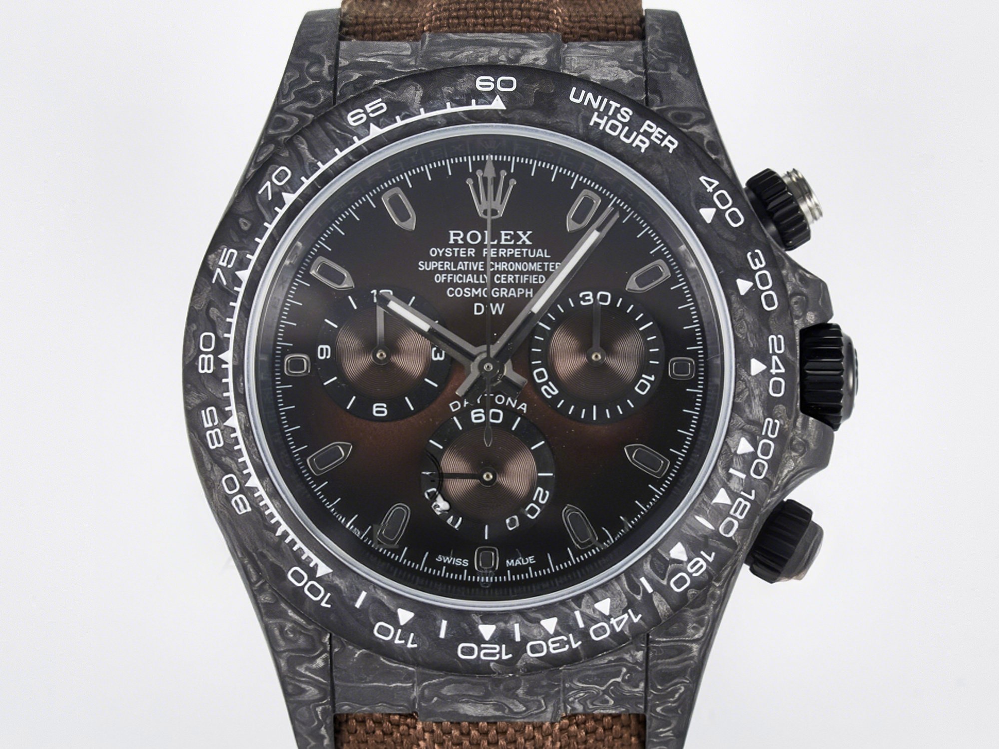 Rolex Daytona DIW Carbon/SS Case and Bezel DIWF Edition Brown Dial on Brown Nylon Strap A7750-fasswatch