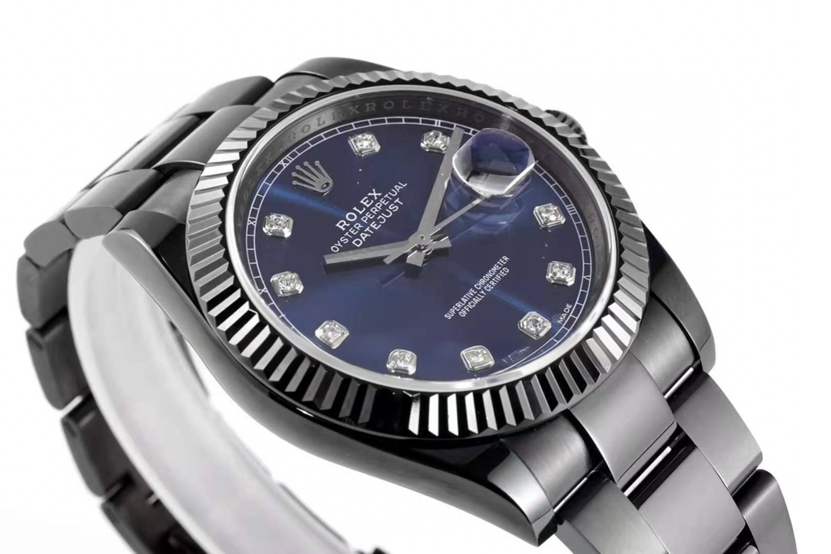 Rolex Datejust 41 Blue Dial with Diamond Markers in PVD Black-fasswatch