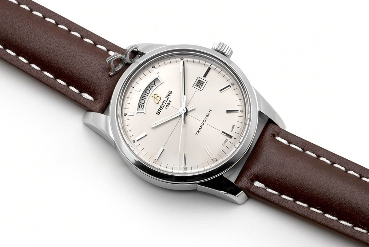 Breitling Transoccean Day & Date Silver Dial in Steel on Leather Strap-fasswatch
