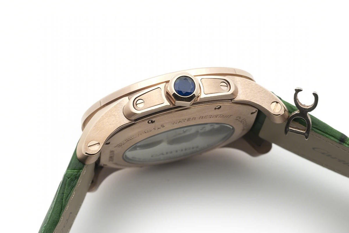 Calibre de Cartier White Dial in Rose Gold on Green Leather Strap-fasswatch