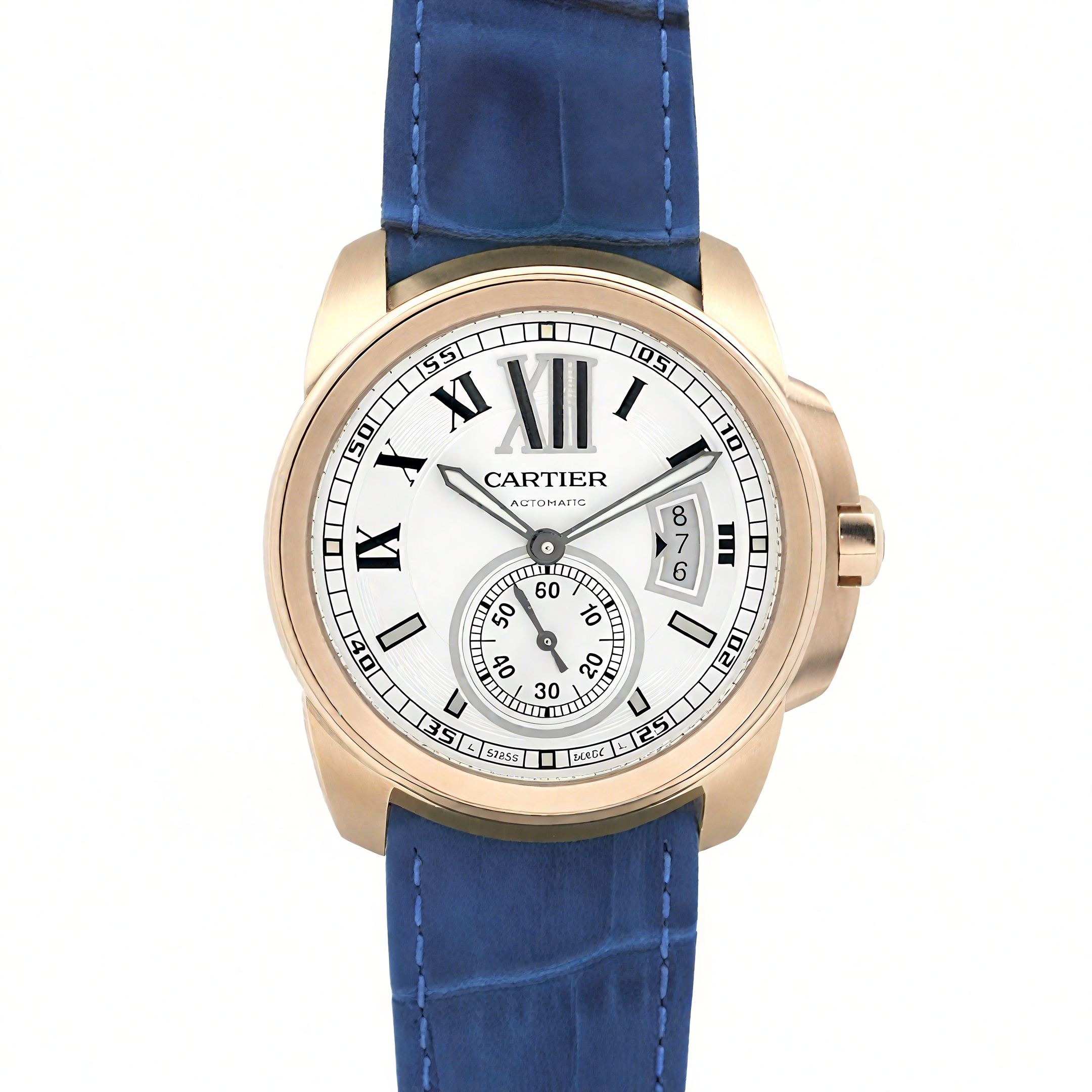 Calibre de Cartier White Dial in Rose Gold on Blue Leather Strap-fasswatch