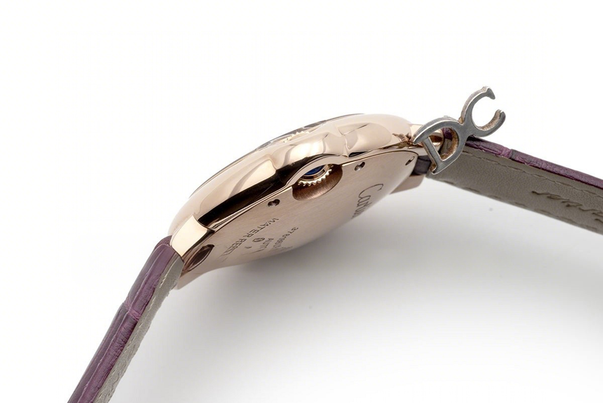 Cartier Ballon Bleu De Cartier 36mm Silver Dial in Pink Gold on Purple Leather Strap-fasswatch