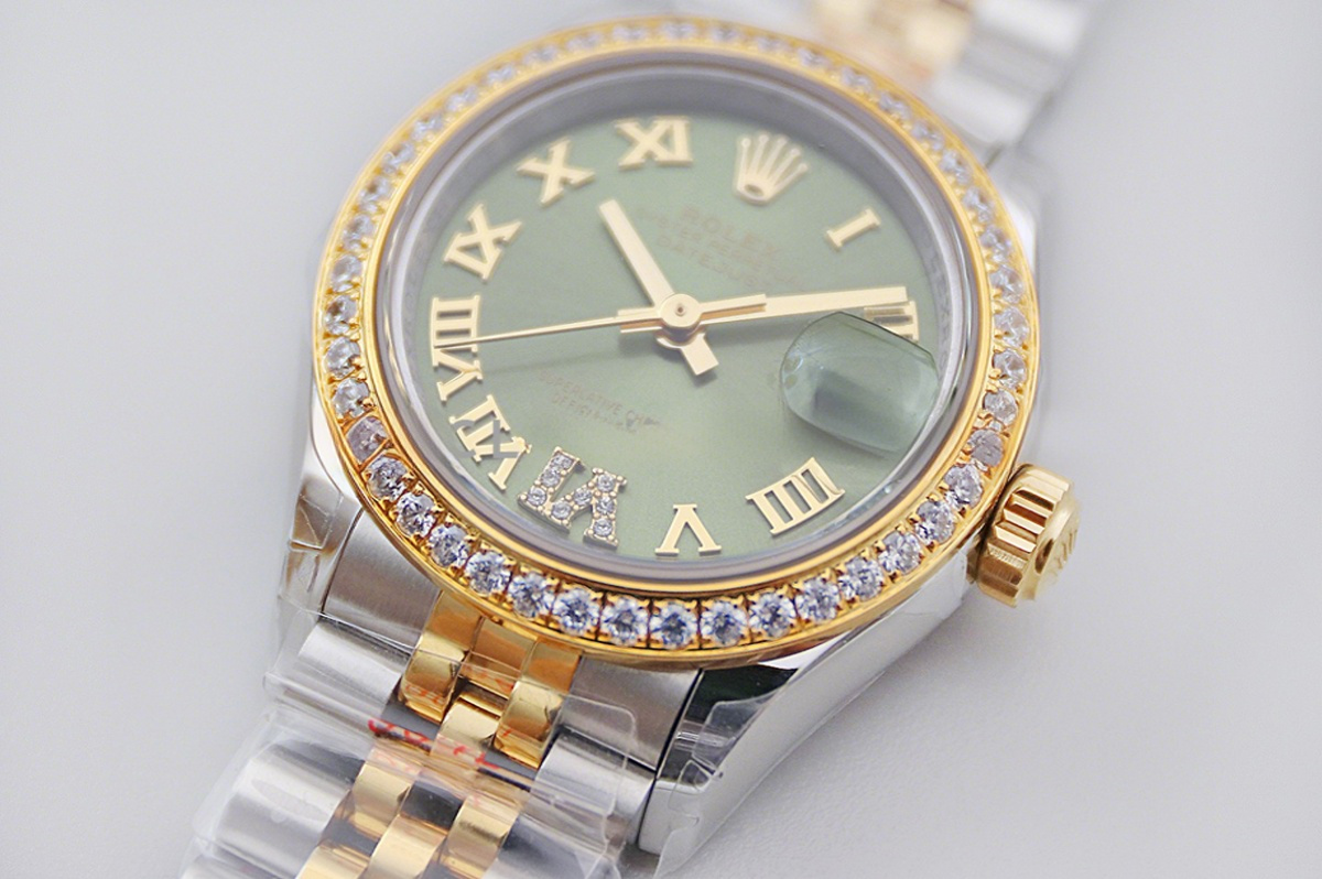 Rolex Ladies Datejust 279383RBR Green Dial with Diamond Bezel in Yellow Gold/Steel-fasswatch