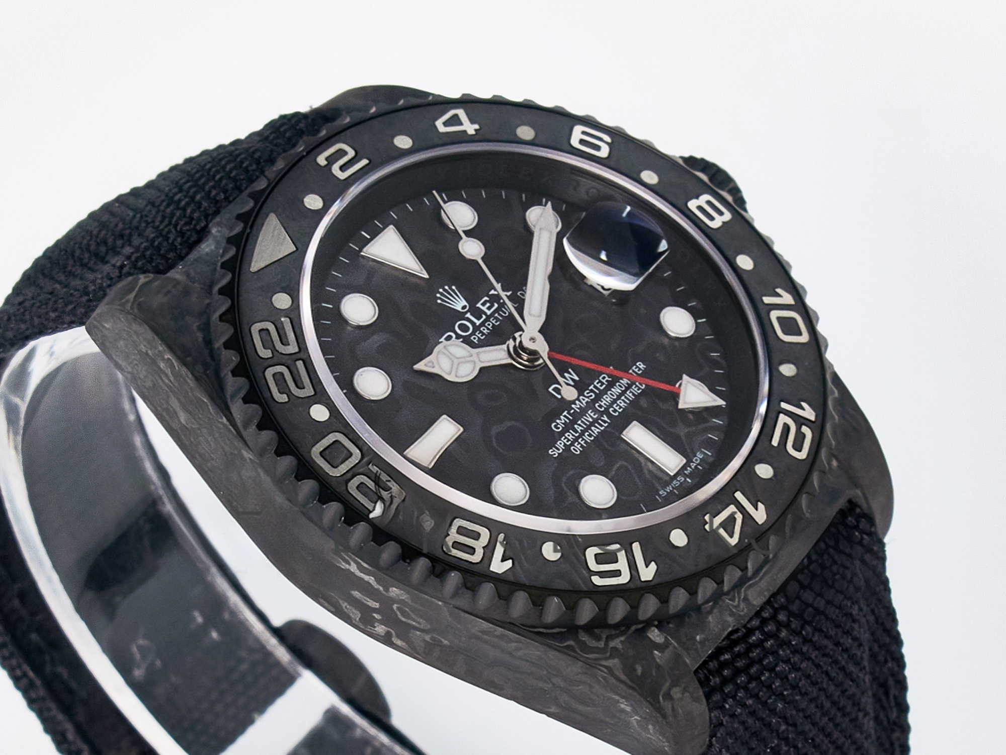 Rolex GMT Carbon DIWF Best Edition Black Carbon Dial SS Markers on Black Nylon Strap SA3285 CHS V2-fasswatch